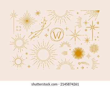 Set of flat design elements sun, sunset, sunbeams, stars borders, frame in modern line drawing with brown color lines on beige background