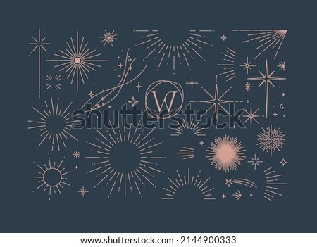 Set of flat design elements sun, sunset, sunbeams, stars borders, frame in modern line drawing with brown color lines on blue background Stockfoto © 