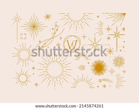 Set of flat design elements sun, sunset, sunbeams, stars borders, frame in modern line drawing with brown color lines on beige background Stockfoto © 