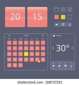 Set of flat design elements, widgets and icons. Template for mobile app and website design.  Calendar, clock, weather forecast widgets, buttons and icons.