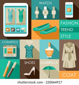Set of flat design fashion icon for web and mobile phone services and apps. Online Shop. Vector illustration