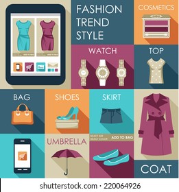 Set of flat design fashion icon for web and mobile phone services and apps. Online Shop. Vector illustration