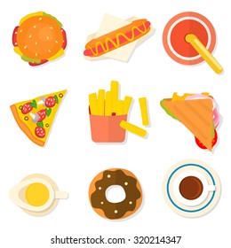 Set of flat design fast food icons isolated on white background. Vector illustration.