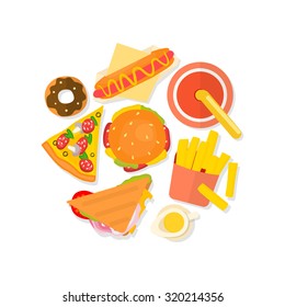 Set of flat design fast food icons isolated on white background. Vector illustration.