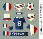 A set of flat design France football icons and symbols in blue, white and red.