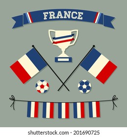 A set of flat design France football icons and symbols in blue, white and red.