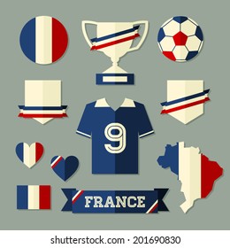 A set of flat design France football icons and symbols in blue, white and red.