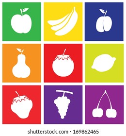 Set of Flat Design Fruits Square Icons Like Apple, Banana, Grape, Lemon, Plum, Pear, Tomato, Strawberry, Cherry.