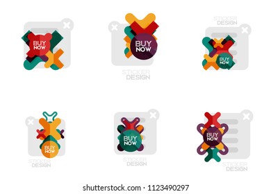 Set of flat design geometric stickers and labels, price tags, offer promotion badges, icon designs, paper style with buy now sample text, for business or web presentations, app or interface buttons