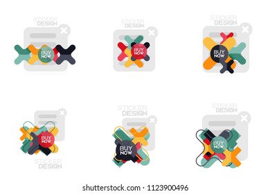 Conjunto de etiquetas y pegatinas geométricas de diseño plano, etiquetas de precio, tarjetas de promoción de oferta, diseños de iconos, estilo de papel con texto de ejemplo de compra ahora, para presentaciones de negocios o web, botones de aplicación o interfaz