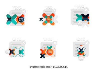 Conjunto de etiquetas y pegatinas geométricas de diseño plano, etiquetas de precio, tarjetas de promoción de oferta, diseños de iconos, estilo de papel con texto de ejemplo de compra ahora, para presentaciones de negocios o web, botones de aplicación o interfaz