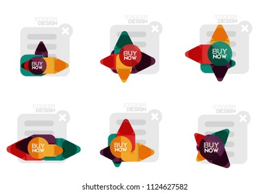 Conjunto de etiquetas y pegatinas geométricas de diseño plano, etiquetas de precio, tarjetas de promoción de oferta, diseños de iconos, estilo de papel con texto de ejemplo de compra ahora, para presentaciones de negocios o web, botones de aplicación o interfaz