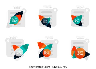 Set of flat design geometric stickers and labels, price tags, offer promotion badges, icon designs, paper style with buy now sample text, for business or web presentations, app or interface buttons