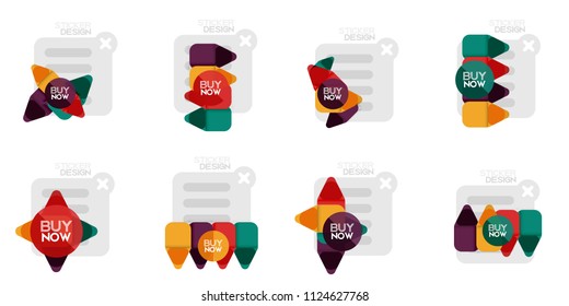 Set of flat design geometric stickers and labels, price tags, offer promotion badges, icon designs, paper style with buy now sample text, for business or web presentations, app or interface buttons