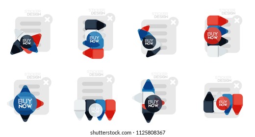 Set of flat design geometric stickers and labels, price tags, offer promotion badges, icon designs, paper style with buy now sample text, for business or web presentations, app or interface buttons