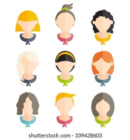 Set flat design of girls with different hairstyles. Vector illustration
