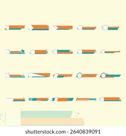 Set of flat design graphic news titles in orange and teal colors, featuring various geometric shapes and layouts for use in presentations or web applications.  These can be used for video editing 