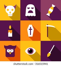 Set of Flat Design Halloween Illustrations. Coffin, Ghost, Owl, Eye, Skull, Reaper, Broom