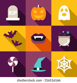 Set of Flat Design Halloween Illustrations. Grave, Ghost, Pumpkin, Bats, Candy, Potion