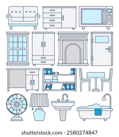 A set of flat design home improvement icons featuring furniture and household items like a sofa, sink, bathtub, and, wardrobe. Perfect for interior design, home decor, and renovation themes.