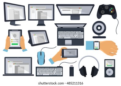 Set of flat design icon gadgets, electronic devices, mobile phone communications.
Gadgets in the hands of. Design items for business, website design app, promotional materials,banners.