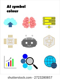 Conjunto de iconos de diseño plano para la tecnología de IA y la ciencia de datos. Incluye ilustraciones coloridas de un cerebro robótico, un Cargar en la nube, un rack de servidores, un chip de procesador, un personaje bot y gráficos de crecimiento empresarial.