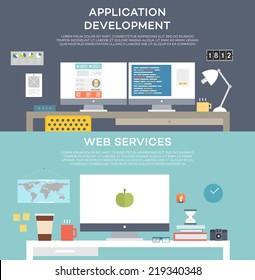 Set of Flat Design Icons. Application and Web Sites Development Concept. Website Coding or Html Programming Concept Vector. Programmer or Coder Workflow. Web Services Business Idea. Modern Style.