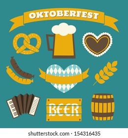 A set of flat design icons and a banner for Oktoberfest in blue, yellow and white.