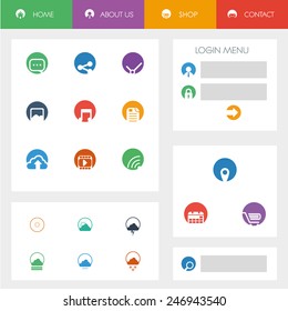 Set of flat design icons in colorful bars or icons for graphic user interface on websites, applications, infographic. Smartphone gui template with menu options, login and weather. Eps10 vector