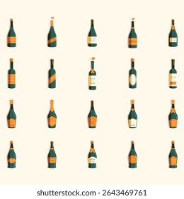 Set of flat design icons depicting various bottles of alcohol, likely champagne or wine, each with unique labels. The bottles are displayed against a plain background, suitable 