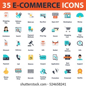 Set of flat design icons for E-commerce, Business and Social media marketing. 