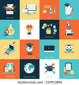 Set of flat design icons for education. Icons for online education, video tutorials, staff training, online book store, learning, research, knowledge, online book.     