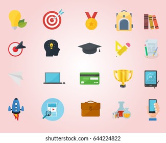 Set of flat design icons for education. Icons for online education, tutorials, staff training, learning, research, knowledge, technology. Modern vector illustration isolated on white background.