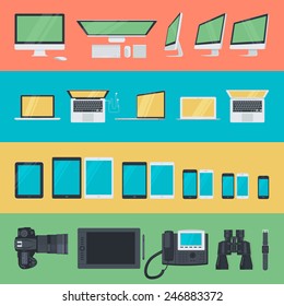 Set of flat design icons of electronic devices. Icons for computer, laptop, tablet, mobile phone, camera, pen tablet, video phone, binoculars and smartwatch. 