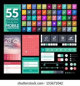 Set Of Flat Design Icons, Elements, Widgets. Template For Mobile App And Website Design