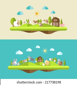 Set of flat design icons with farm animals