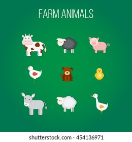 Set of flat design icons with farm animals