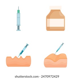 Conjunto de iconos de diseño plano con una jeringa, botella de medicación e inyecciones en tejido muscular