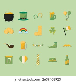 Set of flat design icons, featuring various symbols and imagery associated with Saint Patrick's Day, including a pot of gold, shamrocks, a rainbow, beer, and more. These icons are displayed on a light