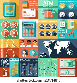 Set of flat design icons with financial infographic. vector illustration