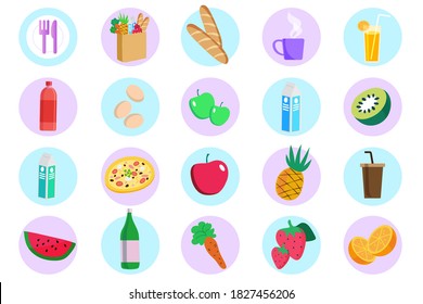 Set of flat design icons for food and drink. Natural vegetarian healthy food. Vector