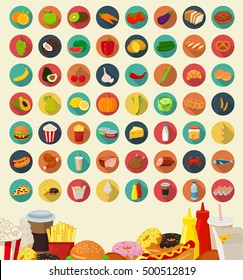 Set of flat design icons for food and drink. Vector illustration