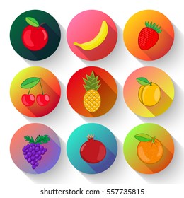 A set of flat design icons for fruit. Colorful summer fruit, vector illustration on the theme of healthy food, organic food for your Projects summary.