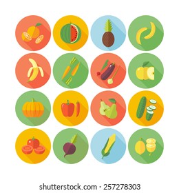 Set of flat design icons for fruits and vegetables.