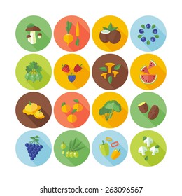 Set of flat design icons for fruits, vegetables and  mushrooms.