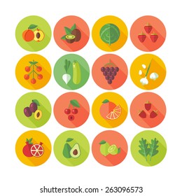 Set of flat design icons for fruits and vegetables.