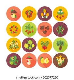 Set of flat design icons for fruits and vegetables.