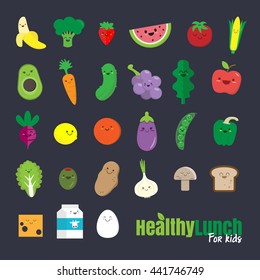 Set of flat design icons for healthy food for kids.