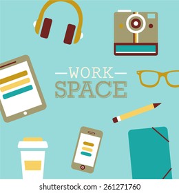 Set of Flat Design Icons. Hipster gadgets. Card has space for text "Work space". Mobile Phones, Tablet PC, Marketing Technologies, Mobile Apps, Email, Video Services and Money Management. Digital Art.