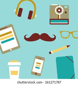 Set of Flat Design Icons. Hipster gadgets. Mobile Phones, Tablet PC, Marketing Technologies, Mobile Apps, Email, Video Services and Money Management. Digital Art.